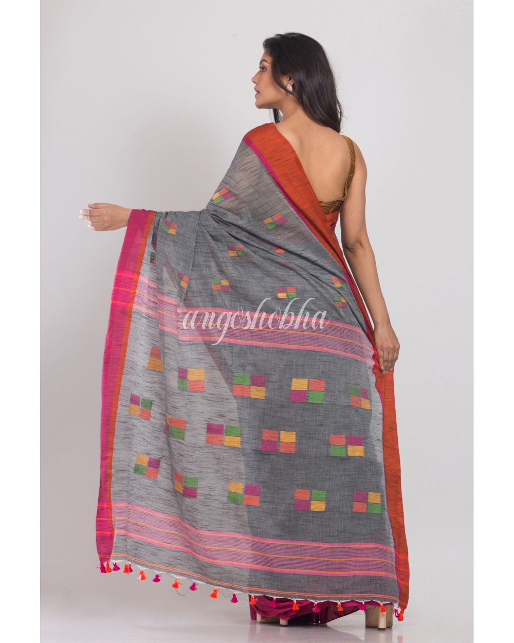 Grey Cotton Jamdani Saree angoshobha