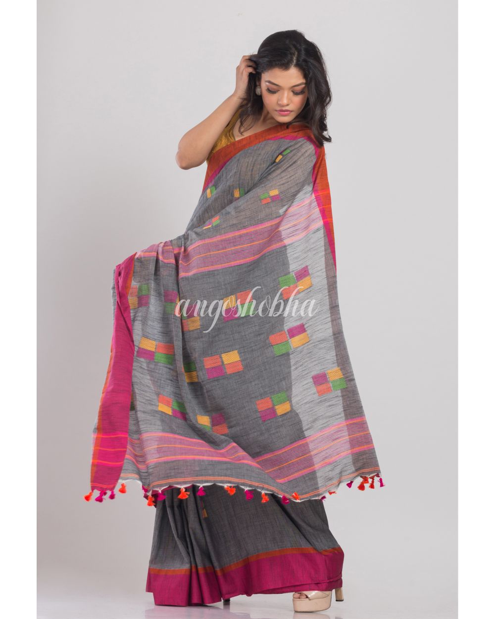 Grey Cotton Jamdani Saree angoshobha