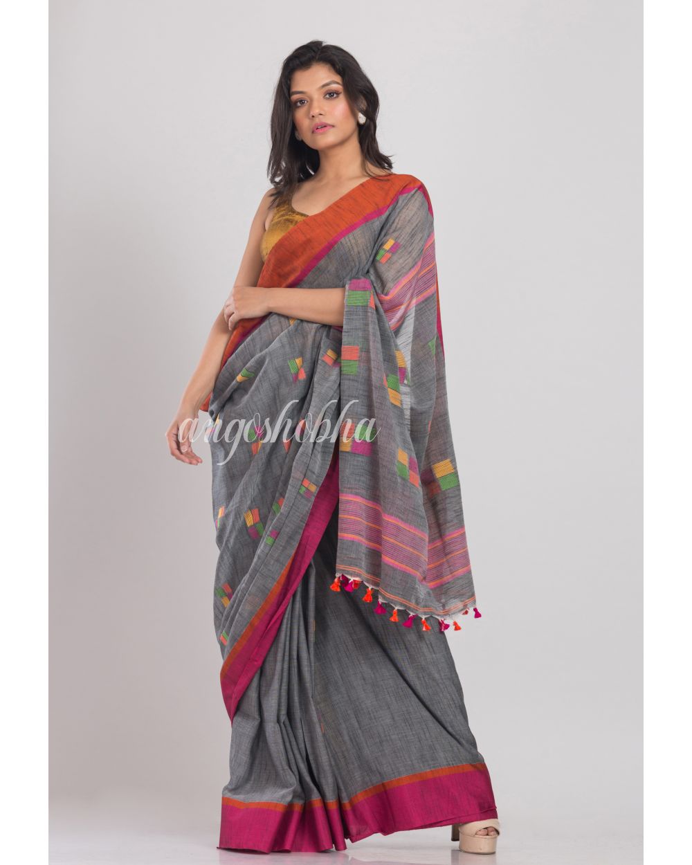 Grey Cotton Jamdani Saree angoshobha