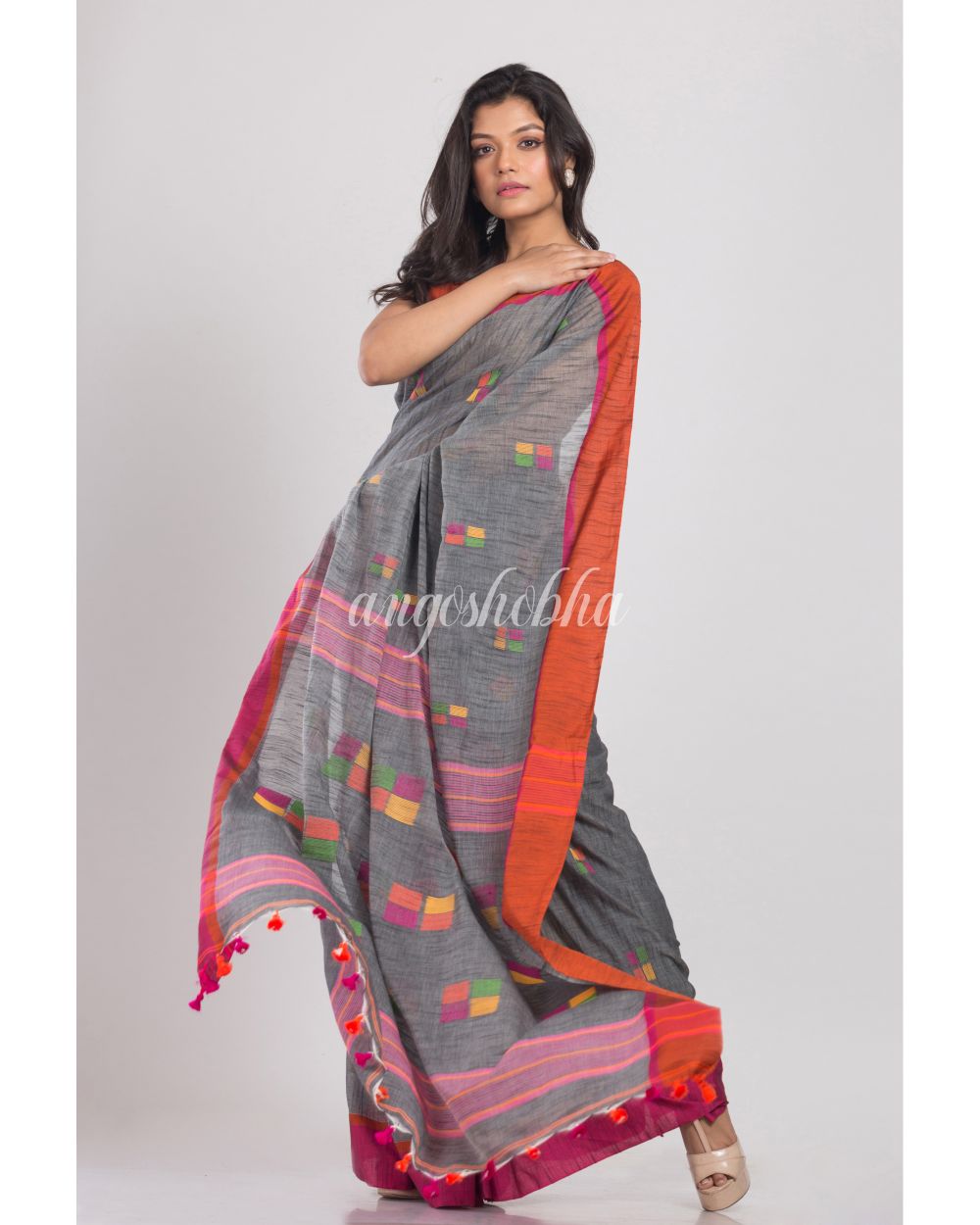 Grey Cotton Jamdani Saree angoshobha