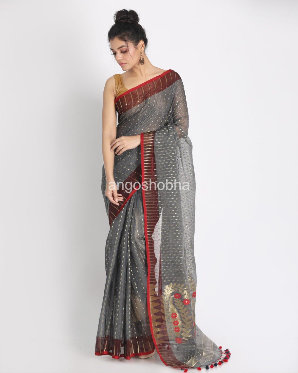 Grey Cotton Silk Jamdani Saree angoshobha