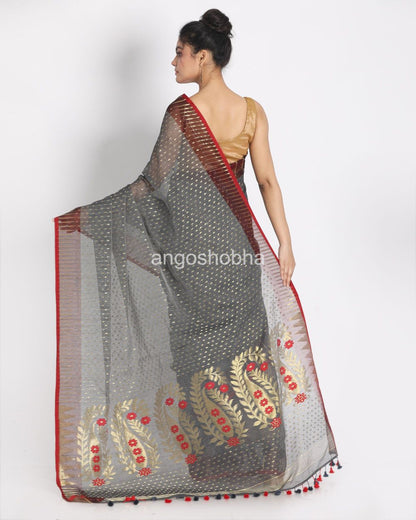 Grey Cotton Silk Jamdani Saree angoshobha