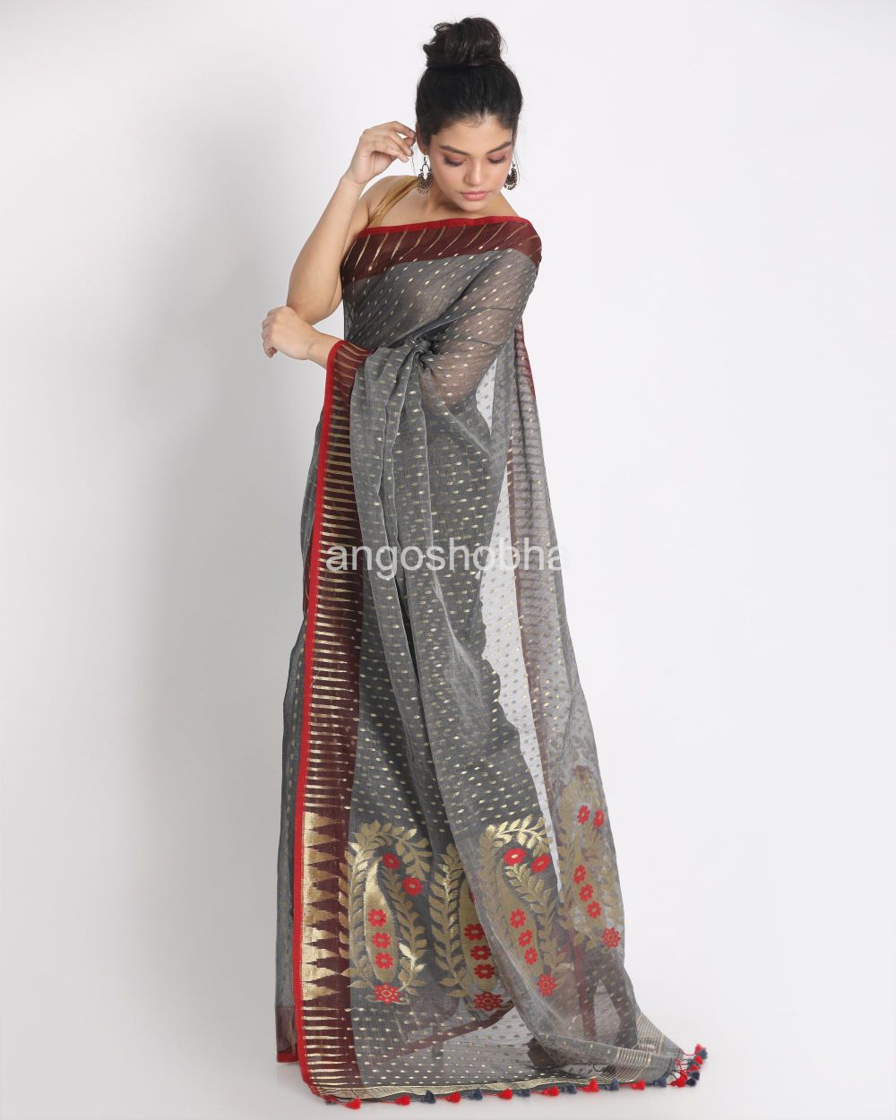 Grey Cotton Silk Jamdani Saree angoshobha