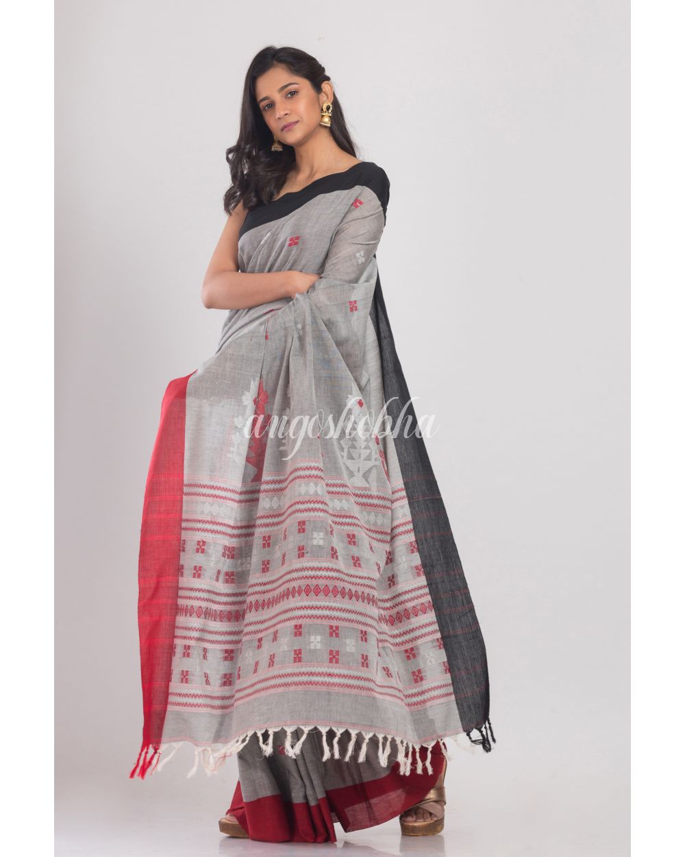 Grey Handloom Cotton Saree angoshobha