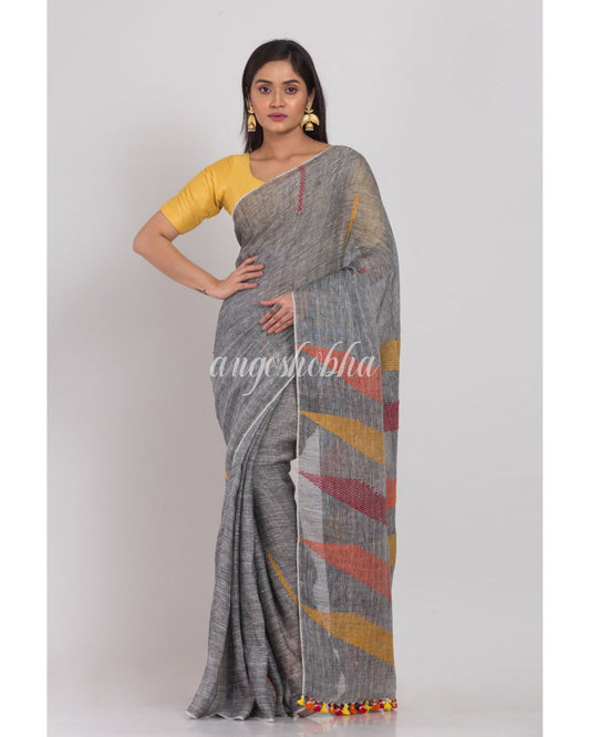 Grey Handloom Linen Saree angoshobha