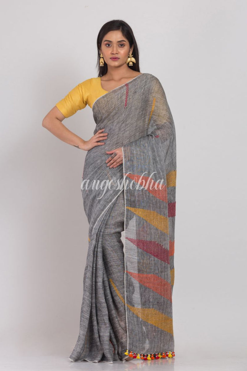 Grey Handloom Linen Saree