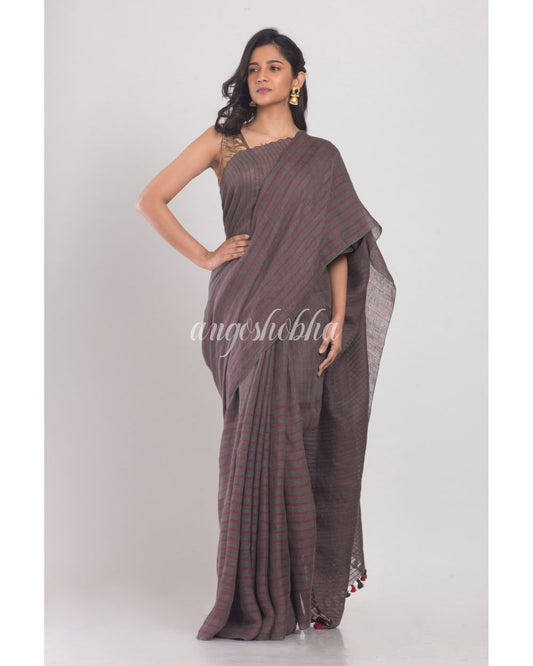 Grey Handwoven Linen Saree angoshobha