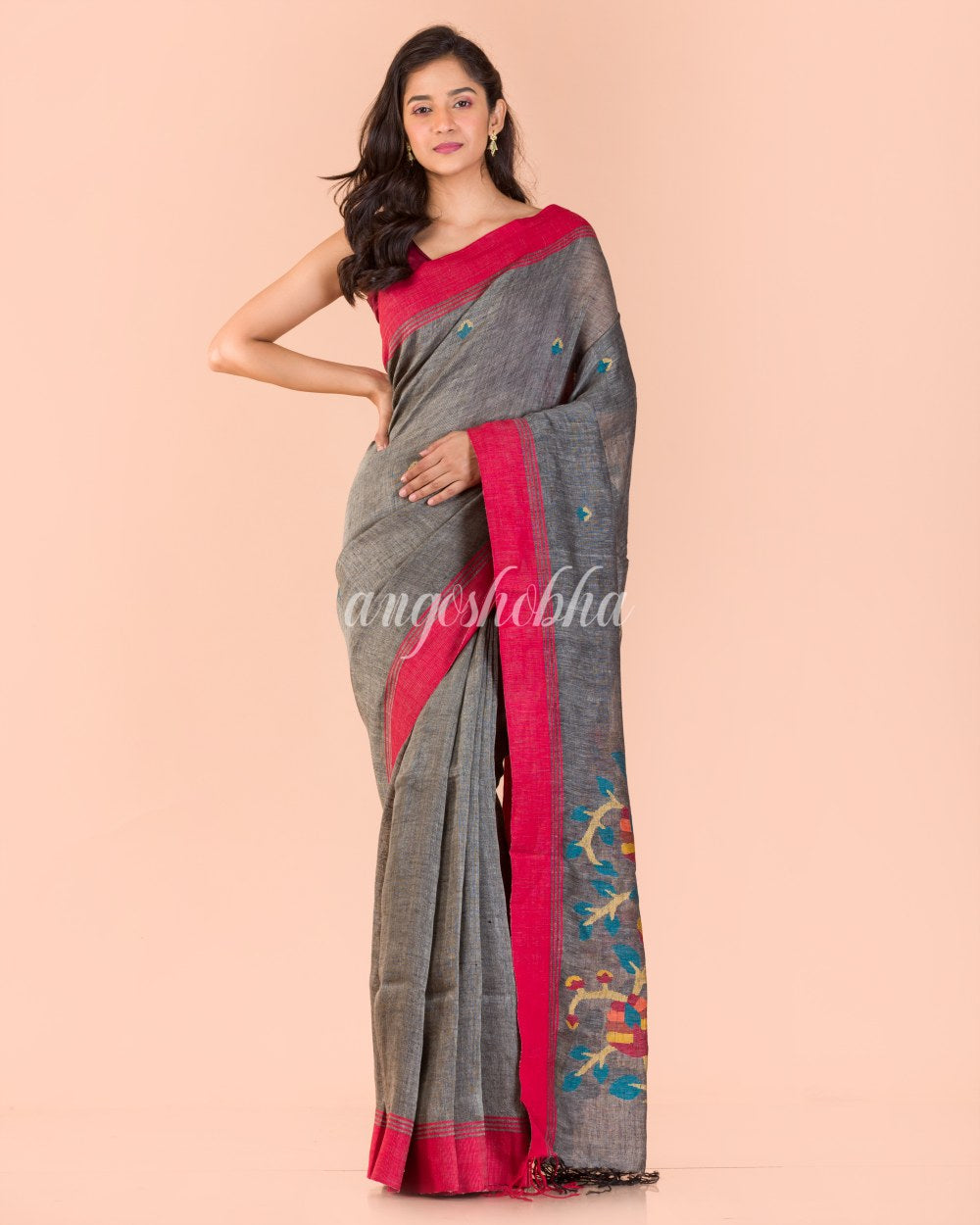 Grey Linen Jamdani Saree angoshobha