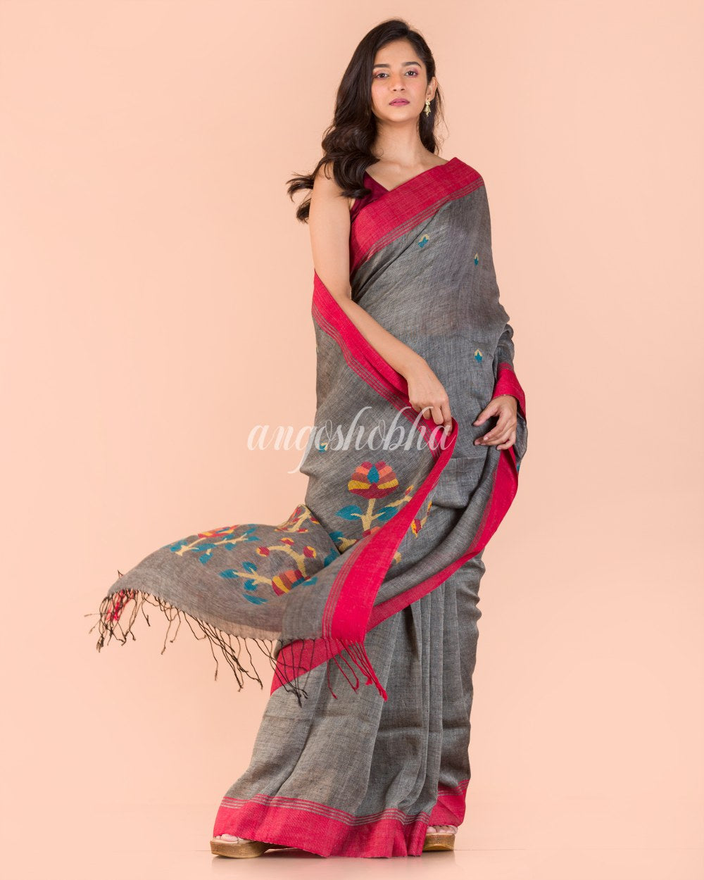 Grey Linen Jamdani Saree angoshobha