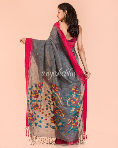 Grey Linen Jamdani Saree angoshobha