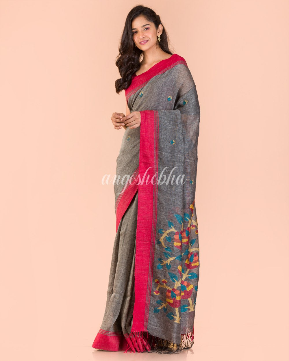 Grey Linen Jamdani Saree angoshobha