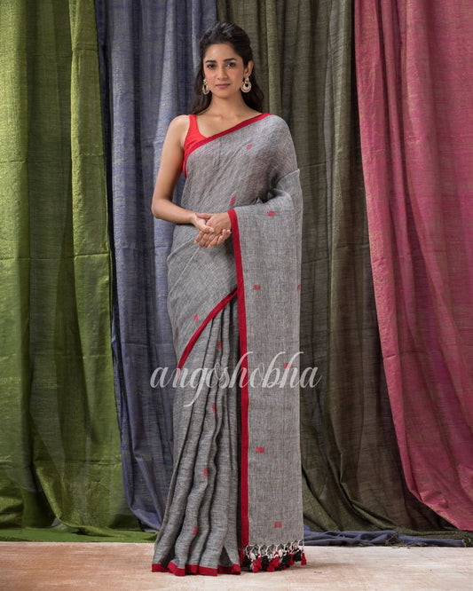 Grey Traditional Handloom Linen Jamdani Saree angoshobha