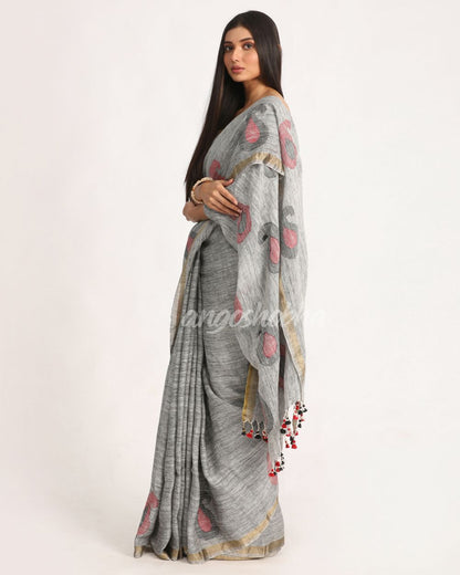 Grey Traditional Handloom Linen Jamdani Saree angoshobha