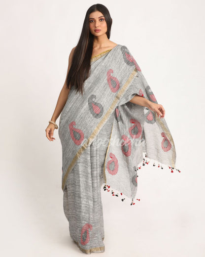 Grey Traditional Handloom Linen Jamdani Saree angoshobha