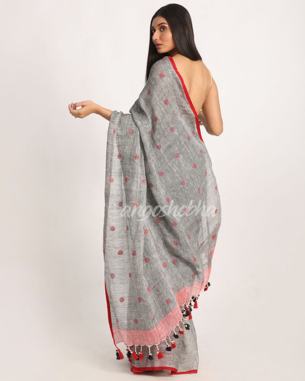 Grey Traditional Handloom Linen Jamdani Saree angoshobha