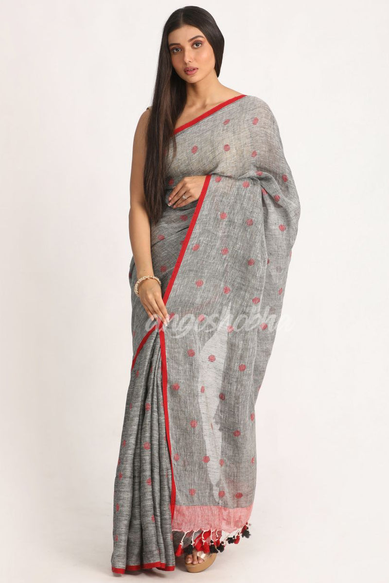 Grey Traditional Handloom Linen Jamdani Saree