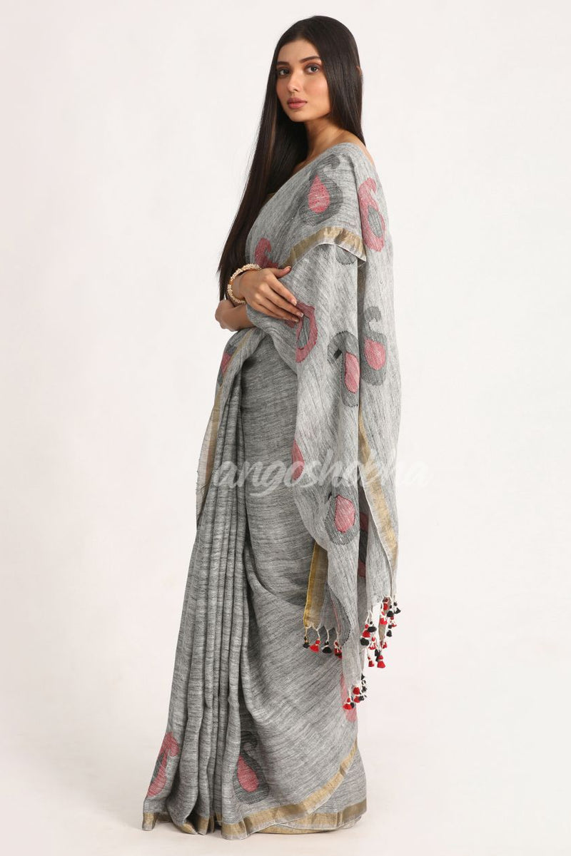 Grey Traditional Handloom Linen Jamdani Saree