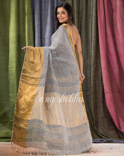 Grey Traditional Handloom Linen Saree angoshobha