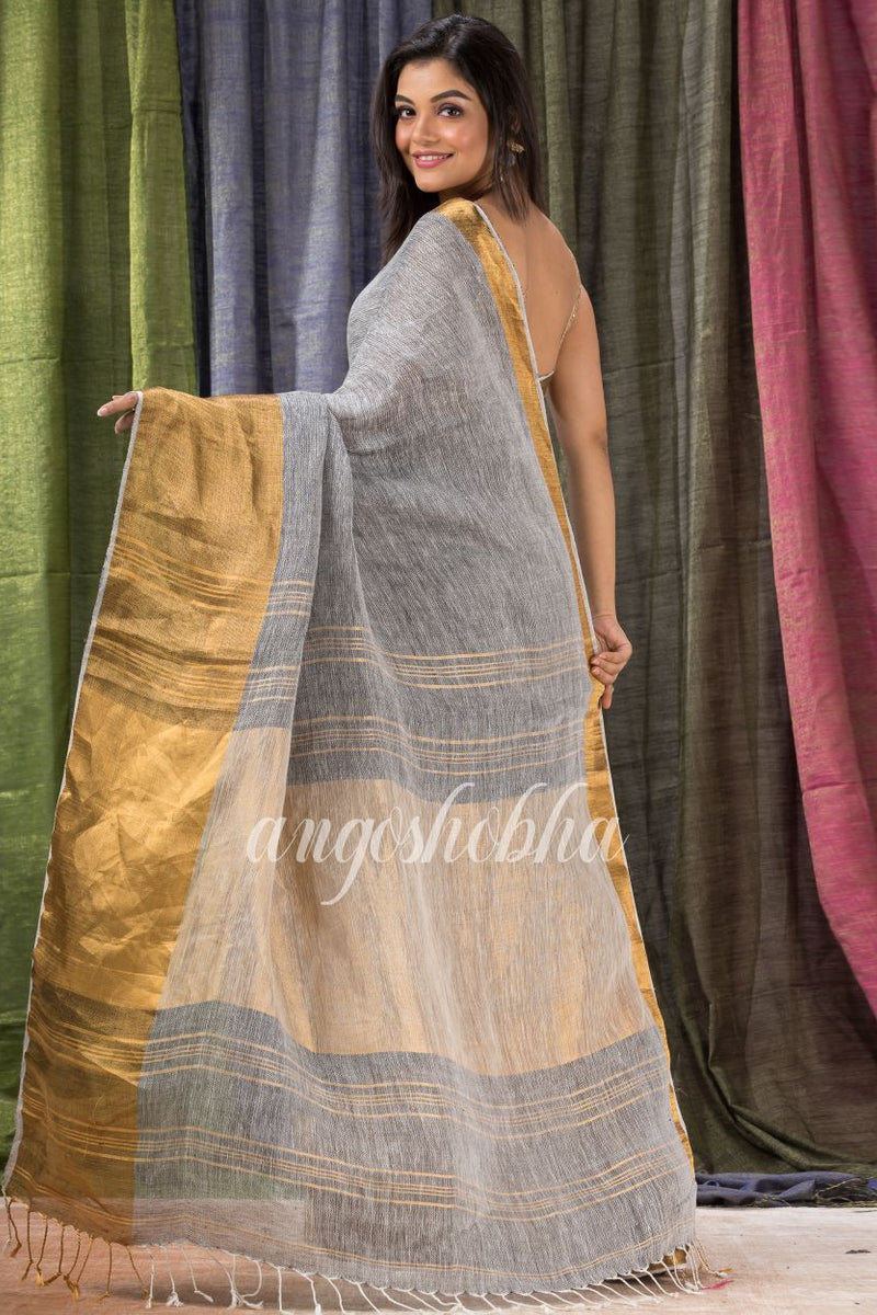Grey Traditional Handloom Linen Saree