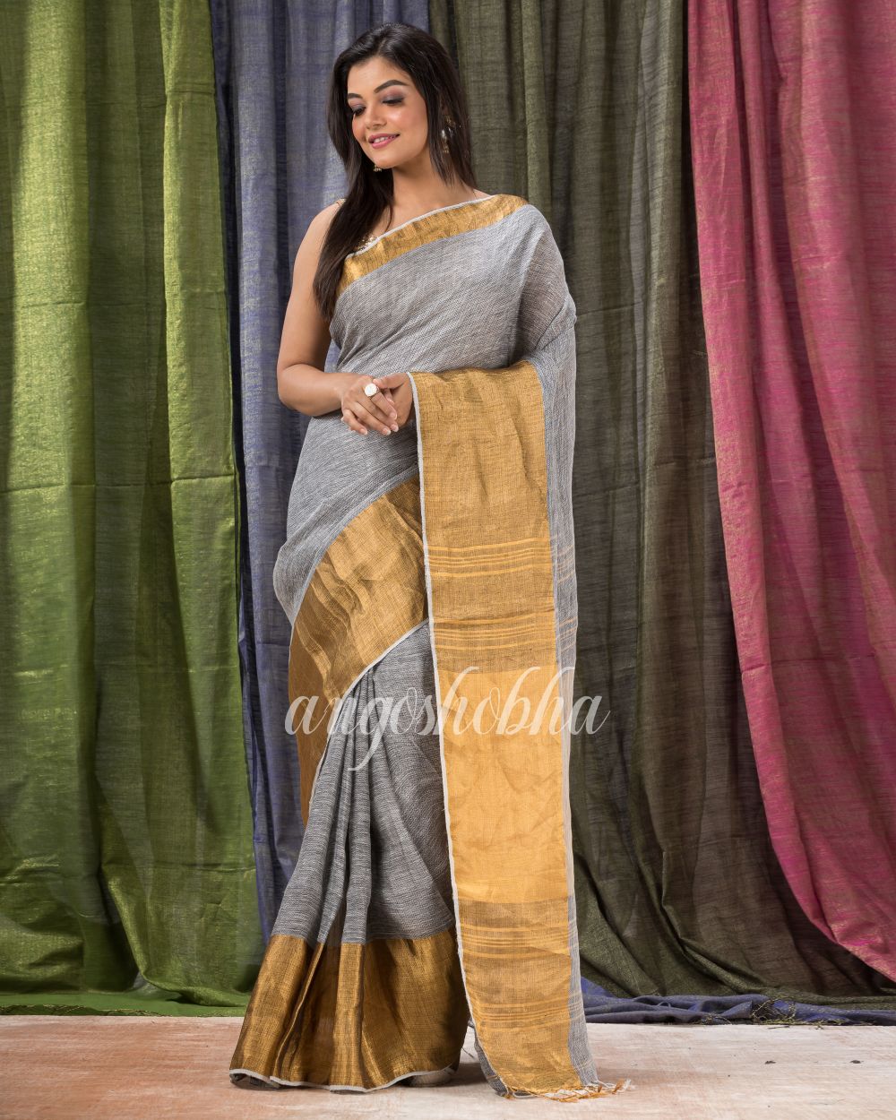 Grey Traditional Handloom Linen Saree angoshobha