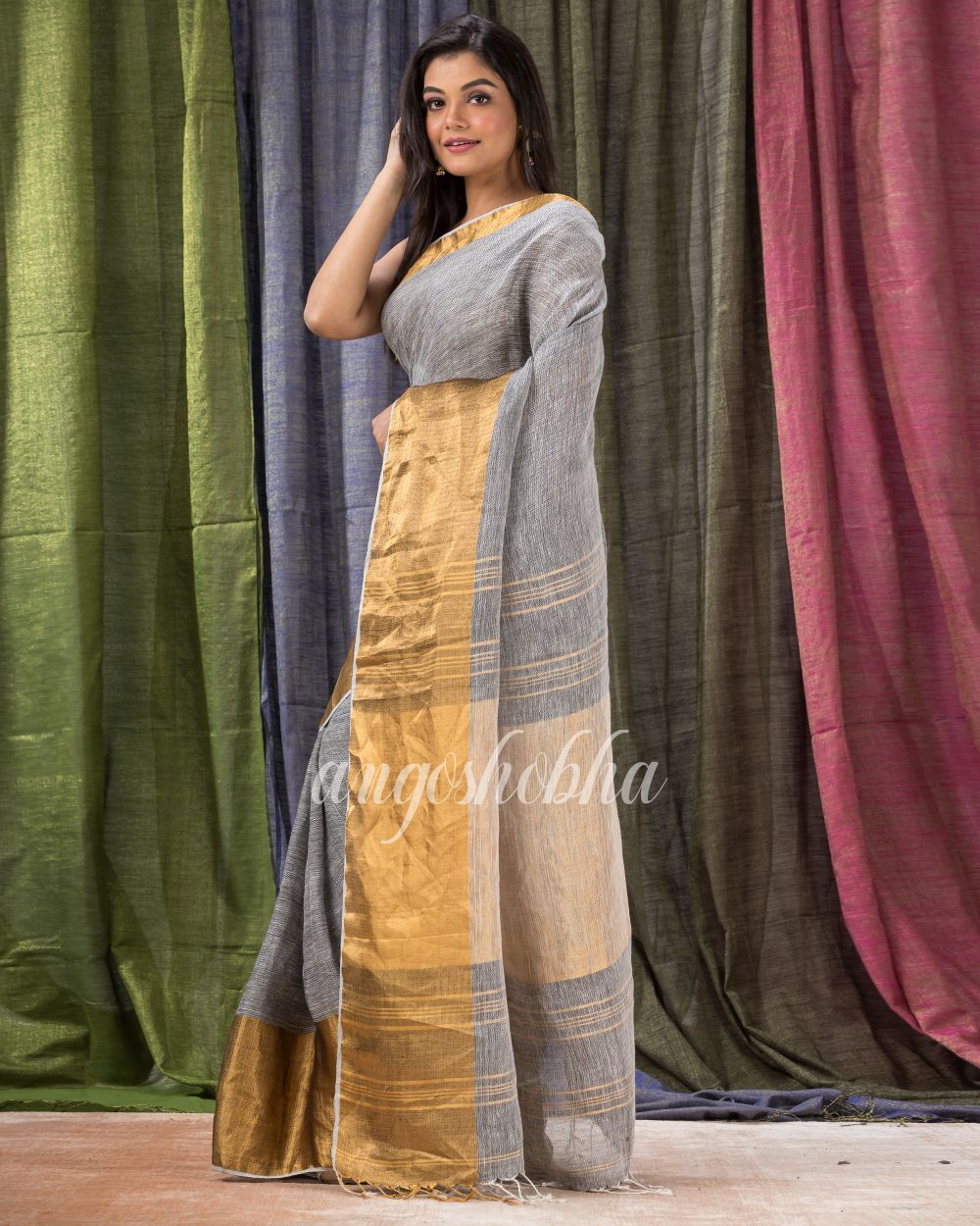 Grey Traditional Handloom Linen Saree angoshobha