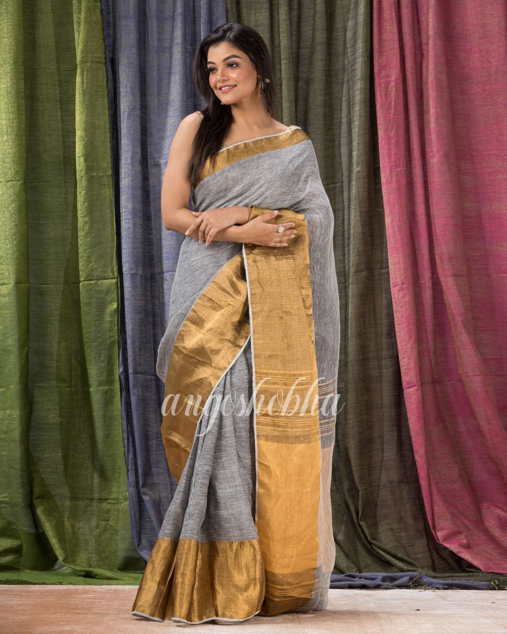 Grey Traditional Handloom Linen Saree angoshobha