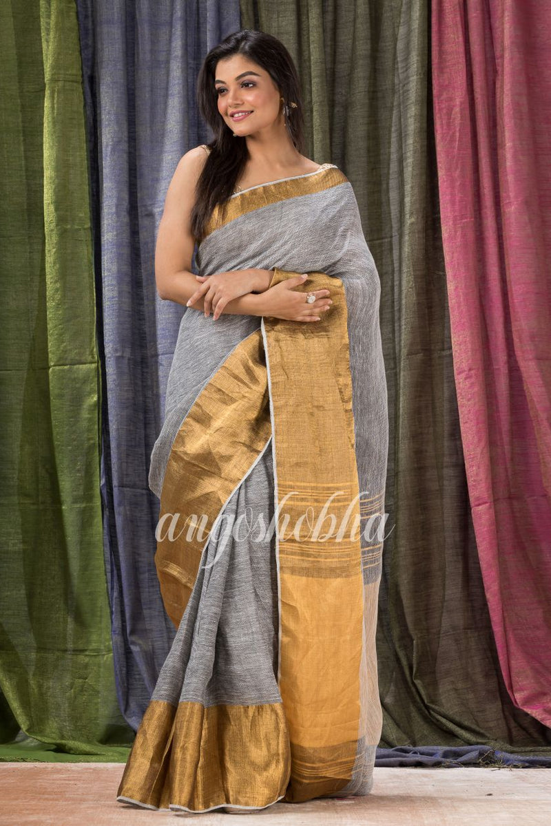 Grey Traditional Handloom Linen Saree