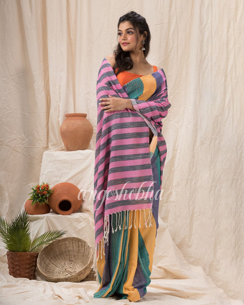 Handloom Cotton Saree In Lemon Teal Blue Stripes angoshobha