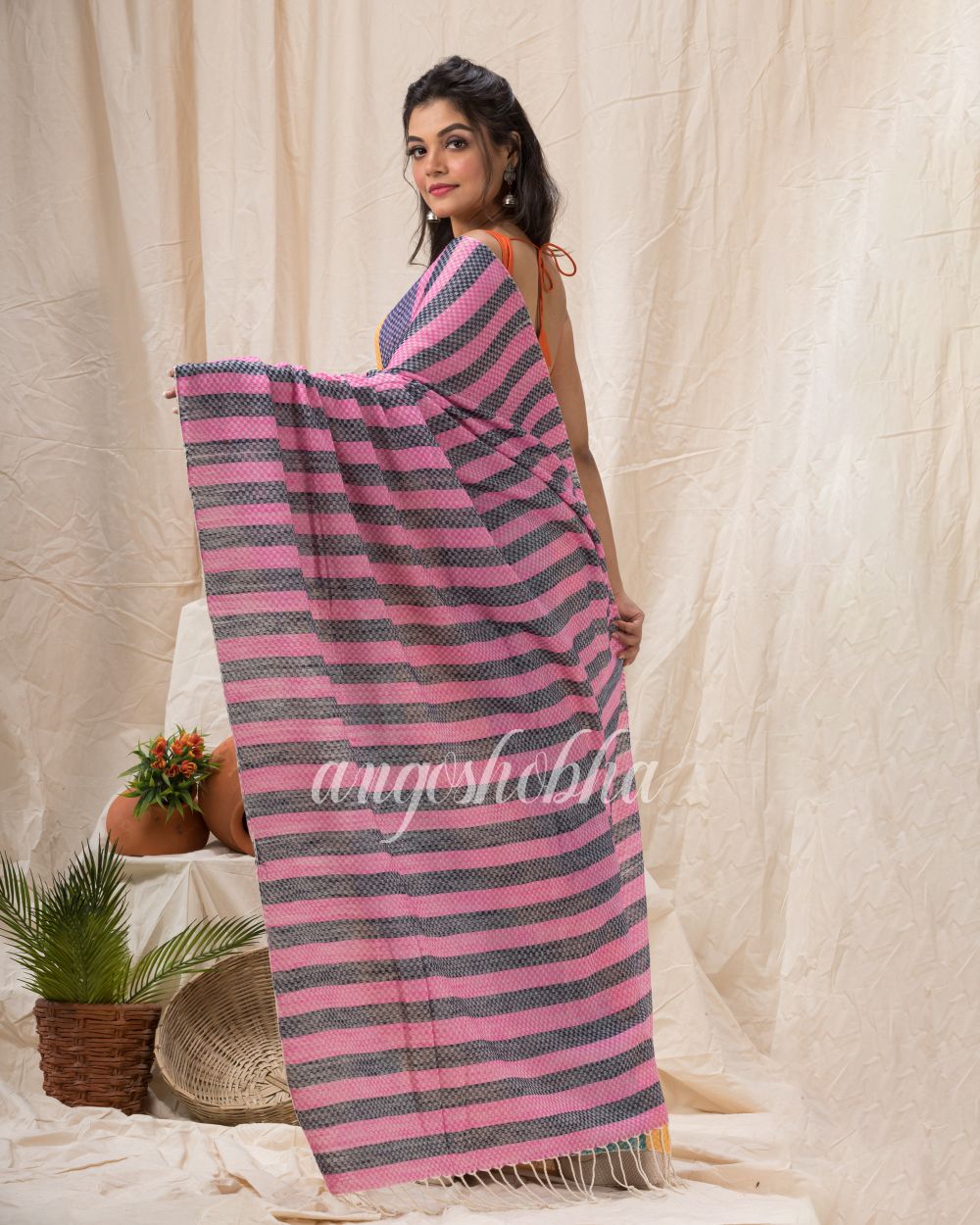 Handloom Cotton Saree In Lemon Teal Blue Stripes angoshobha