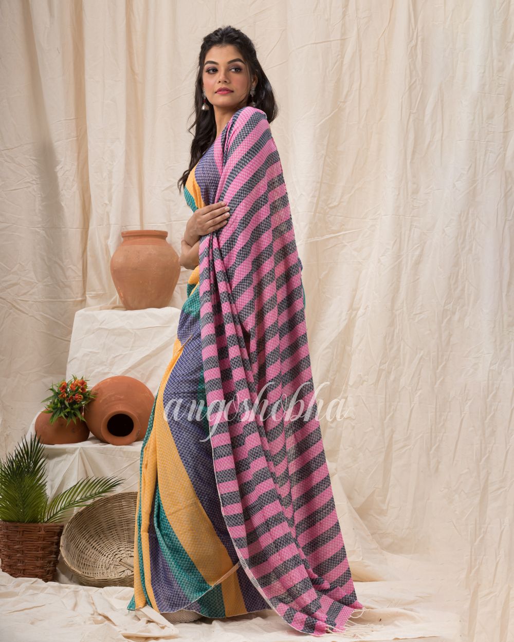 Handloom Cotton Saree In Lemon Teal Blue Stripes angoshobha
