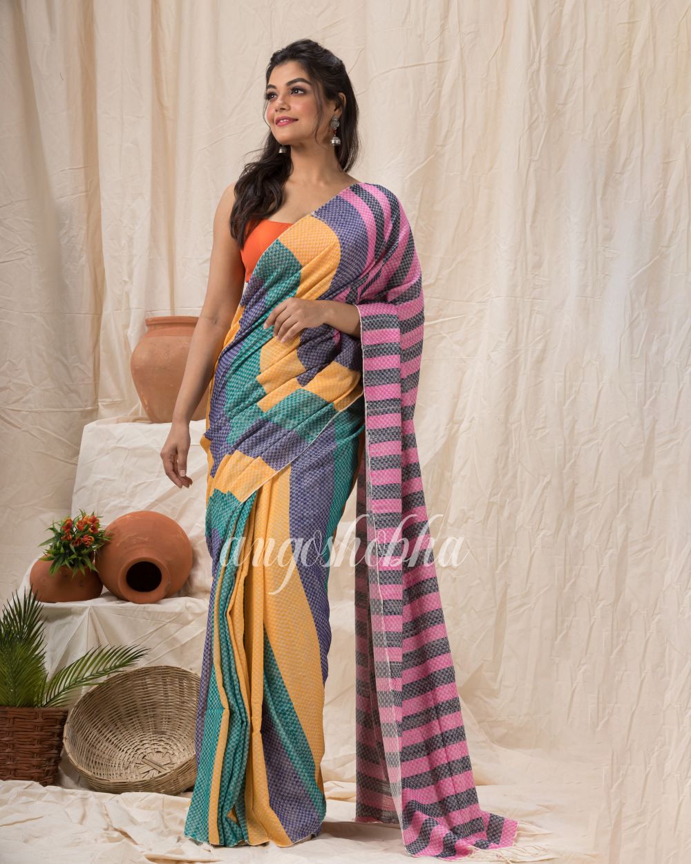 Handloom Cotton Saree In Lemon Teal Blue Stripes angoshobha