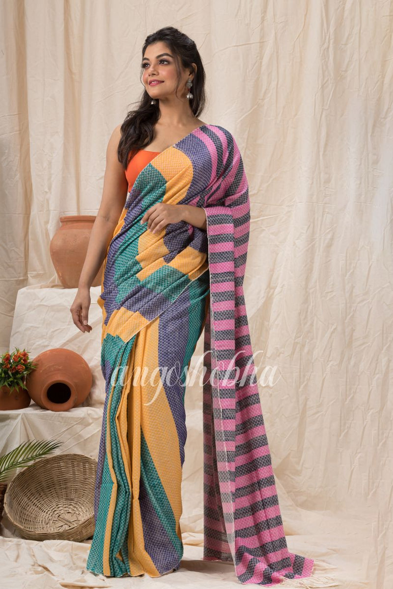 Handloom Cotton Saree In Lemon Teal Blue Stripes