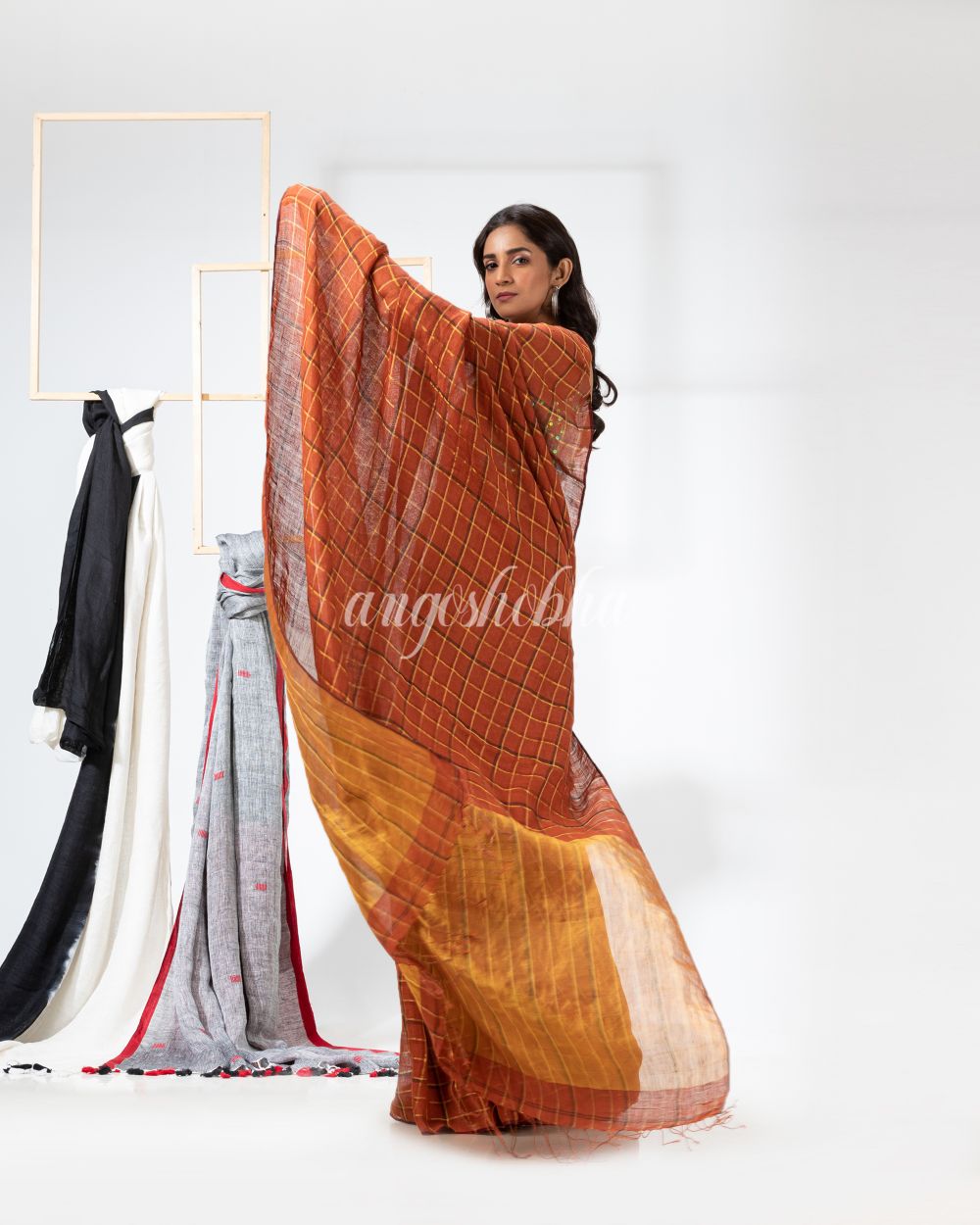 Handloom Dark Orange Linen Saree angoshobha