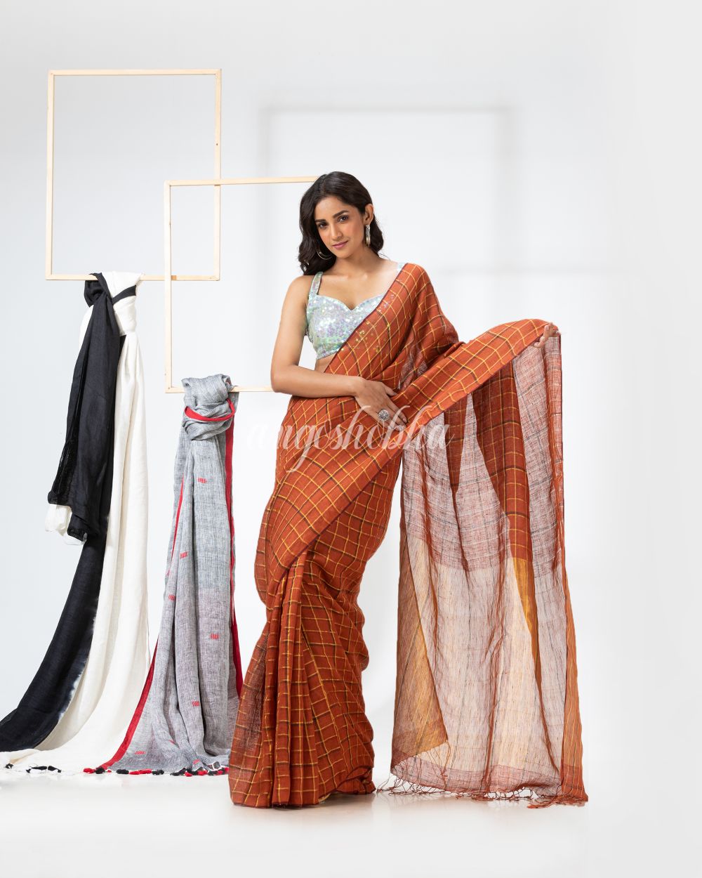 Handloom Dark Orange Linen Saree angoshobha