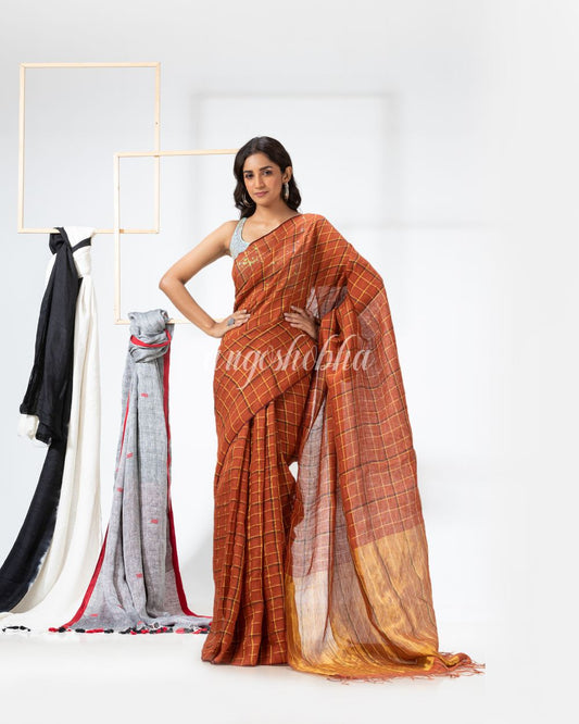 Handloom Dark Orange Linen Saree angoshobha