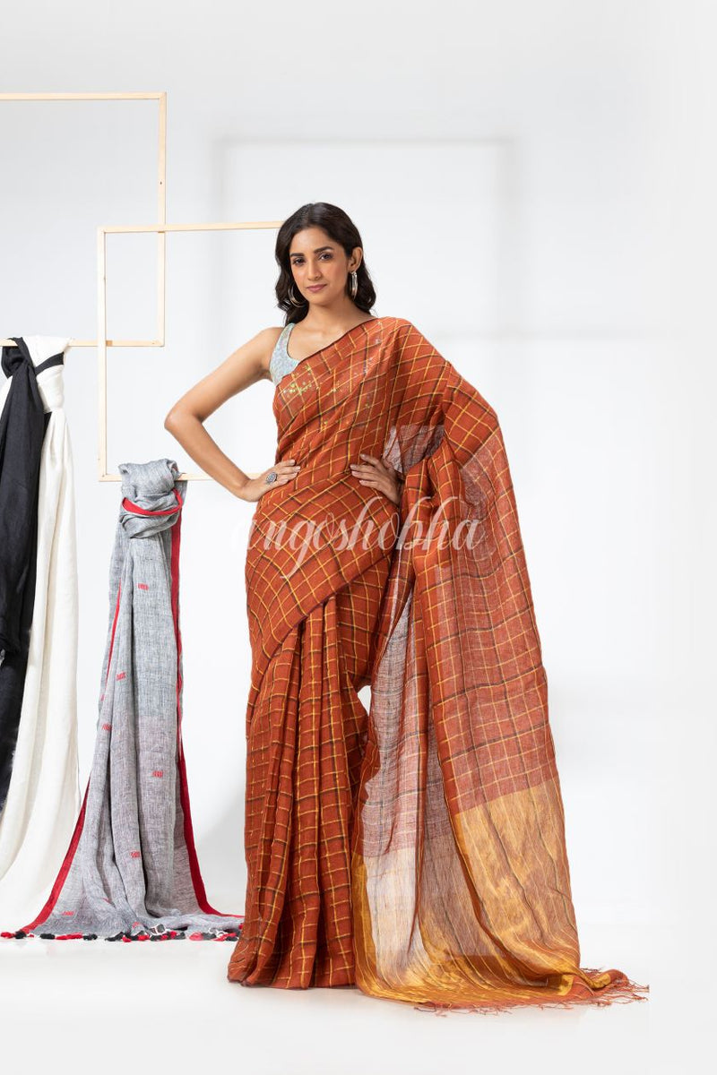 Handloom Dark Orange Linen Saree