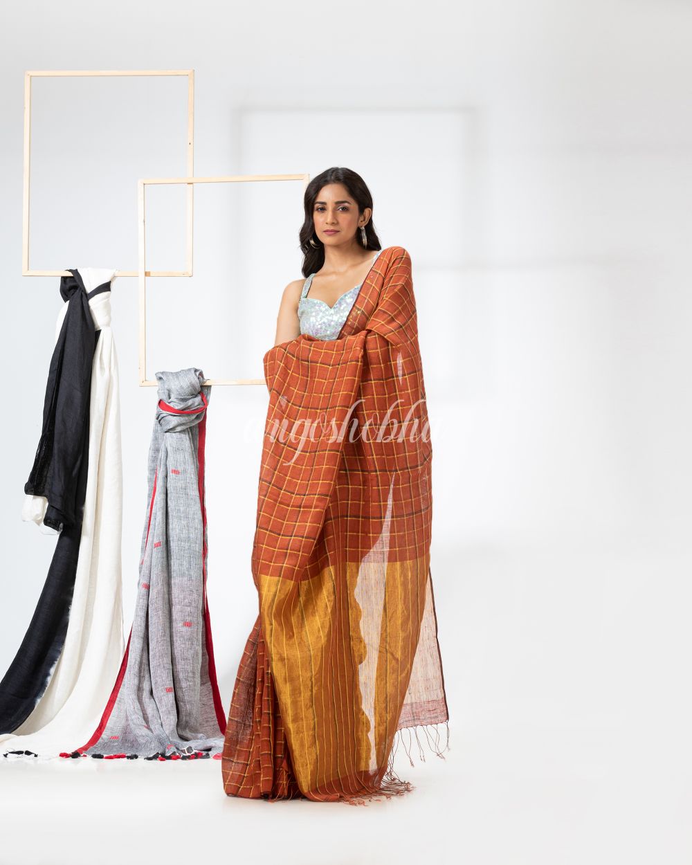 Handloom Dark Orange Linen Saree angoshobha