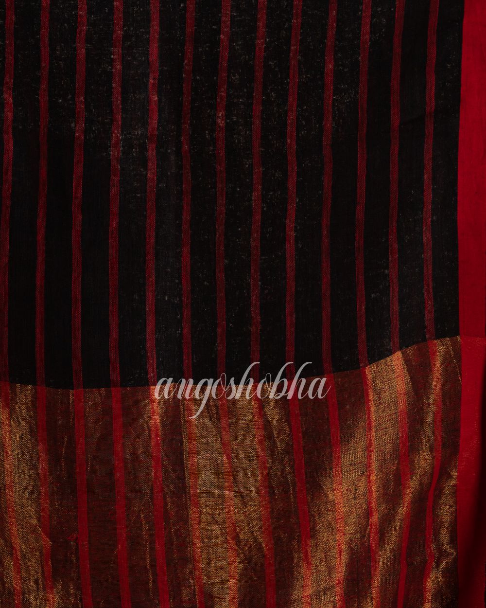 Handloom Linen Saree In Black And Red Stripes angoshobha