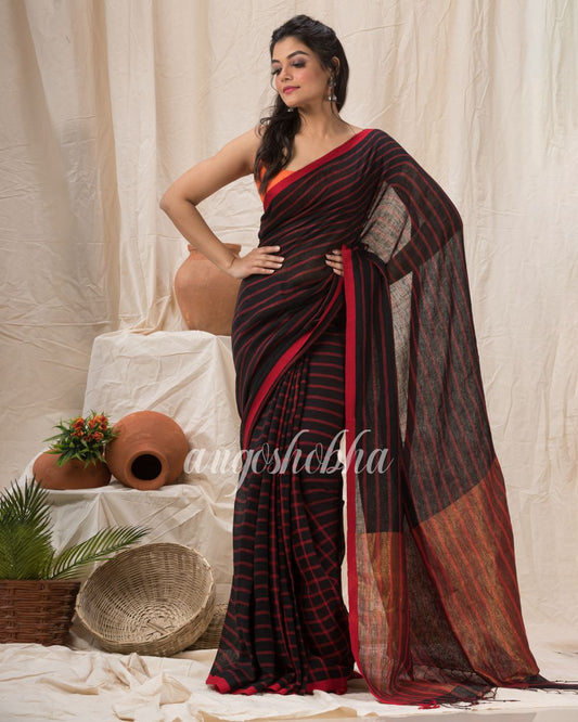 Handloom Linen Saree In Black And Red Stripes angoshobha