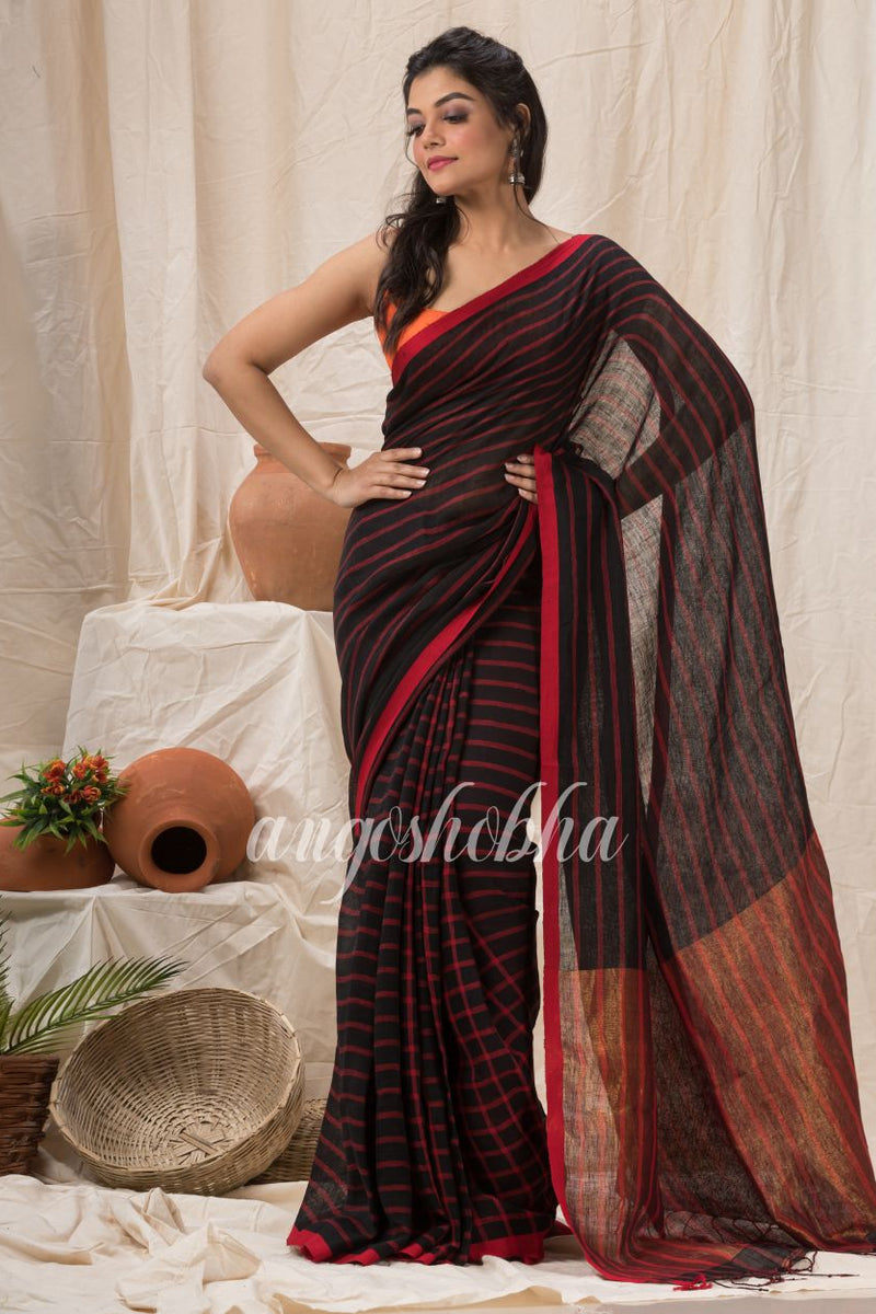 Handloom Linen Saree In Black And Red Stripes