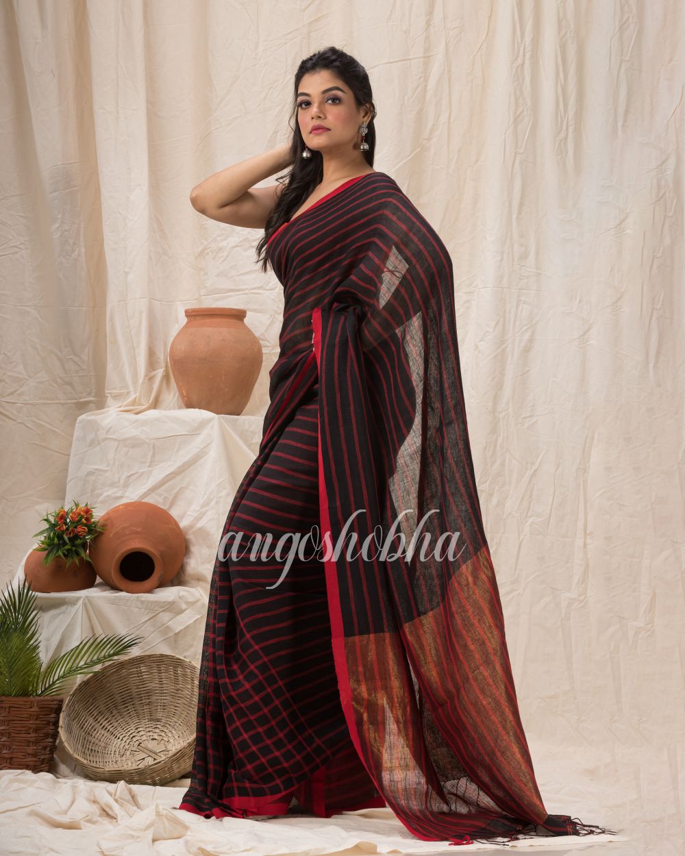 Handloom Linen Saree In Black And Red Stripes angoshobha