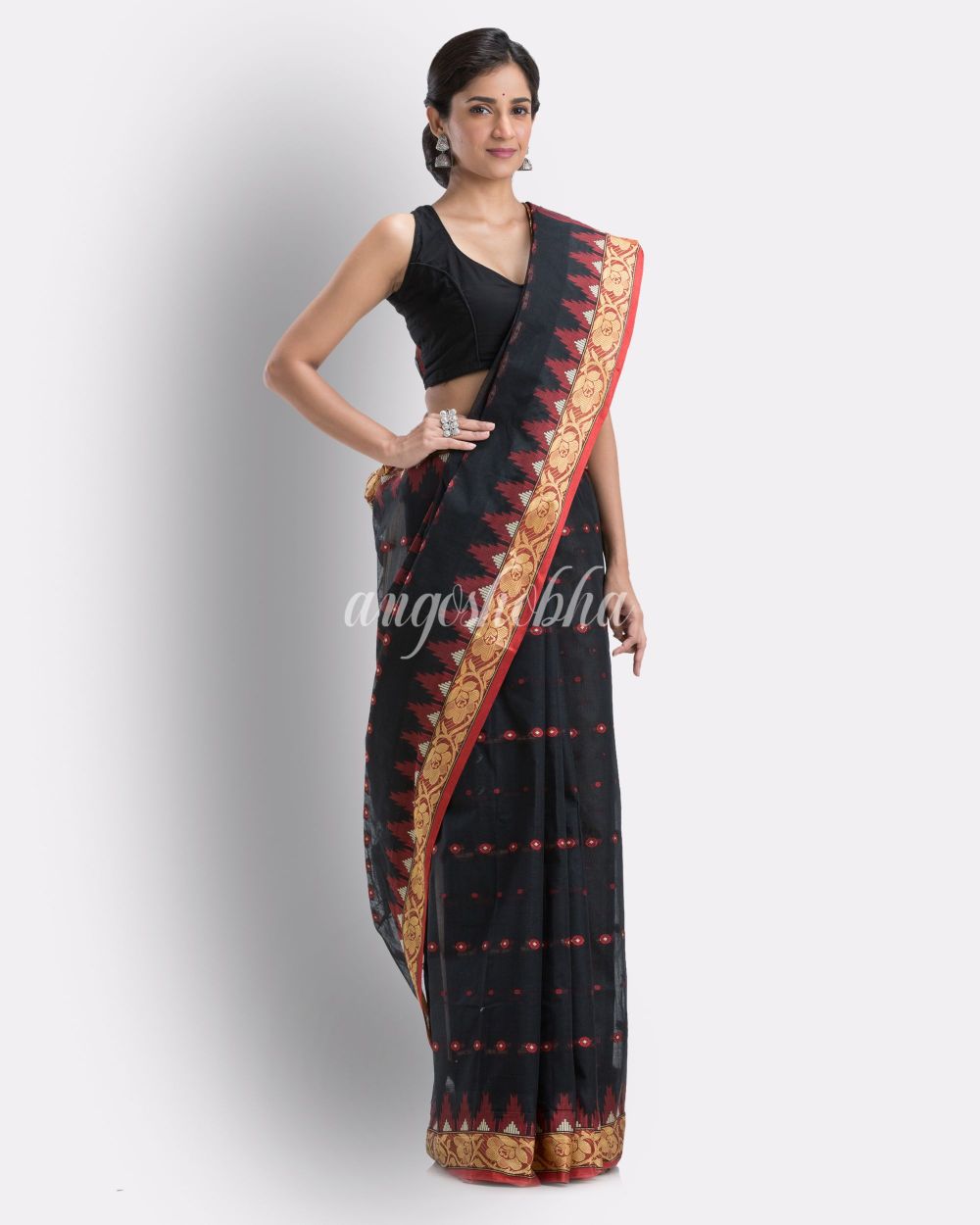 Handloom Pure Cotton Tant Saree in Black angoshobha