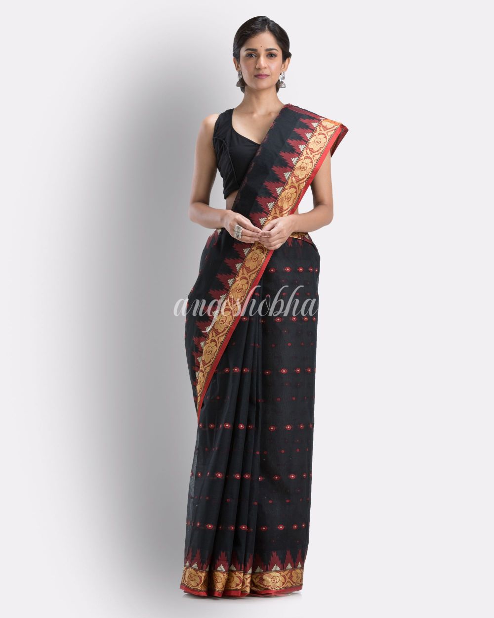 Handloom Pure Cotton Tant Saree in Black angoshobha