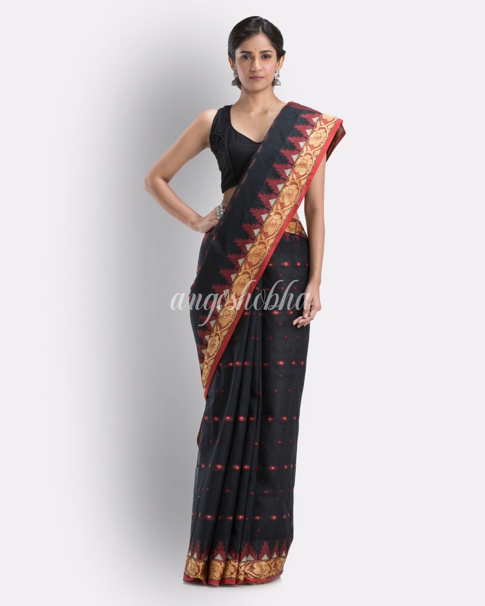 Handloom Pure Cotton Tant Saree in Black angoshobha