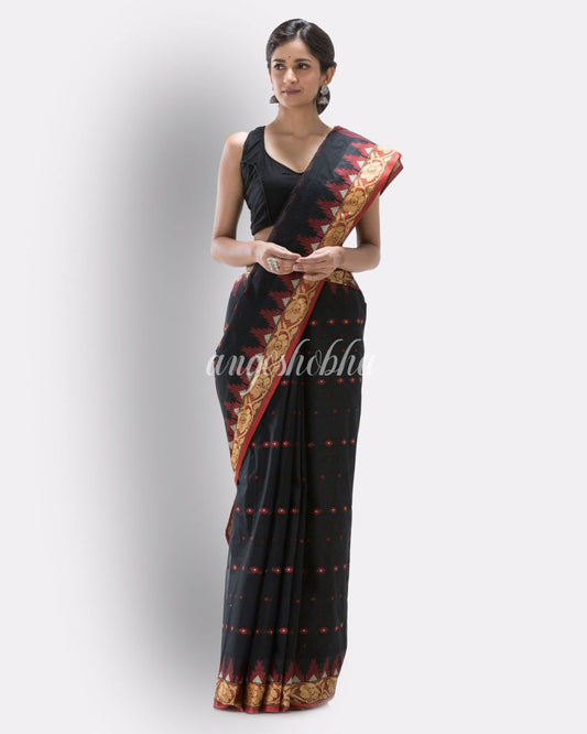 Handloom Pure Cotton Tant Saree in Black angoshobha