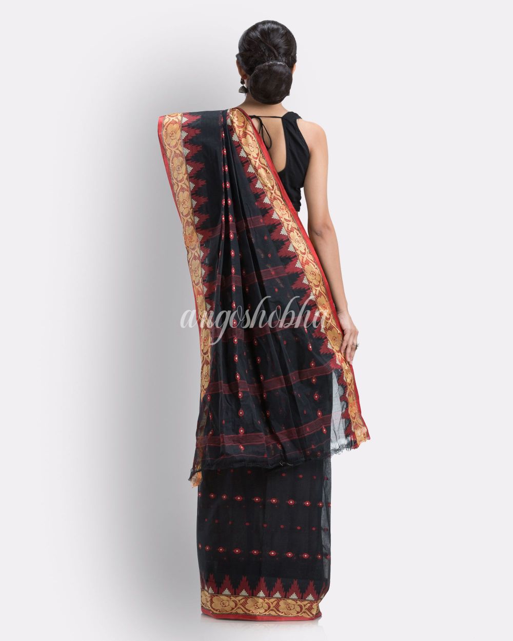Handloom Pure Cotton Tant Saree in Black angoshobha
