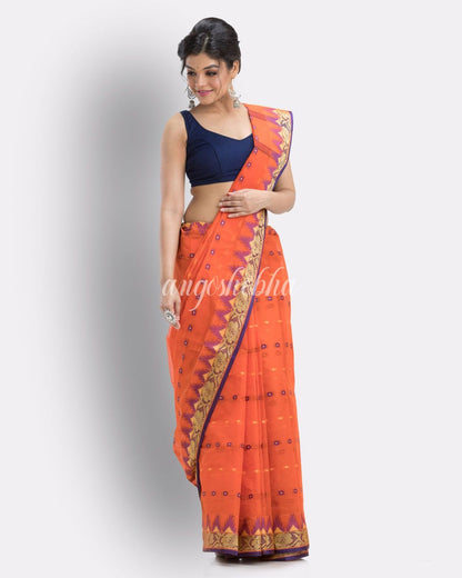 Handloom Pure Cotton Tant Saree in Orange angoshobha