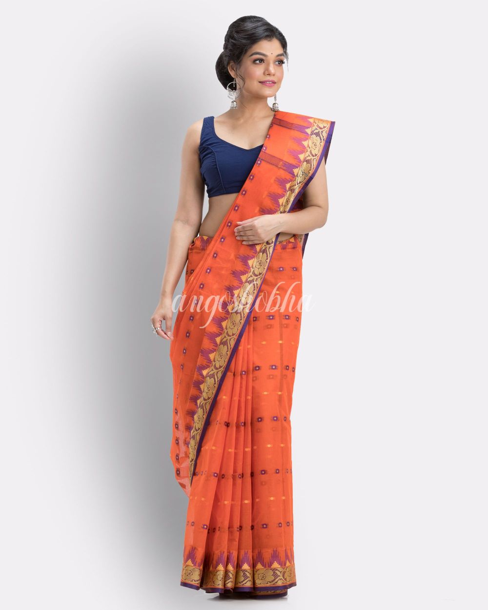 Handloom Pure Cotton Tant Saree in Orange angoshobha