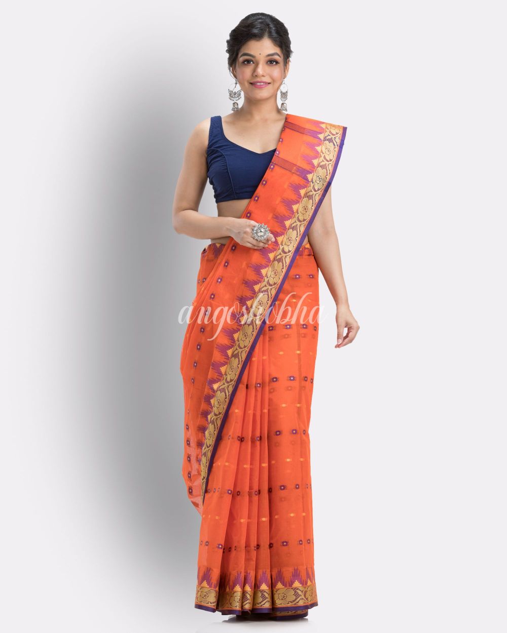 Handloom Pure Cotton Tant Saree in Orange angoshobha