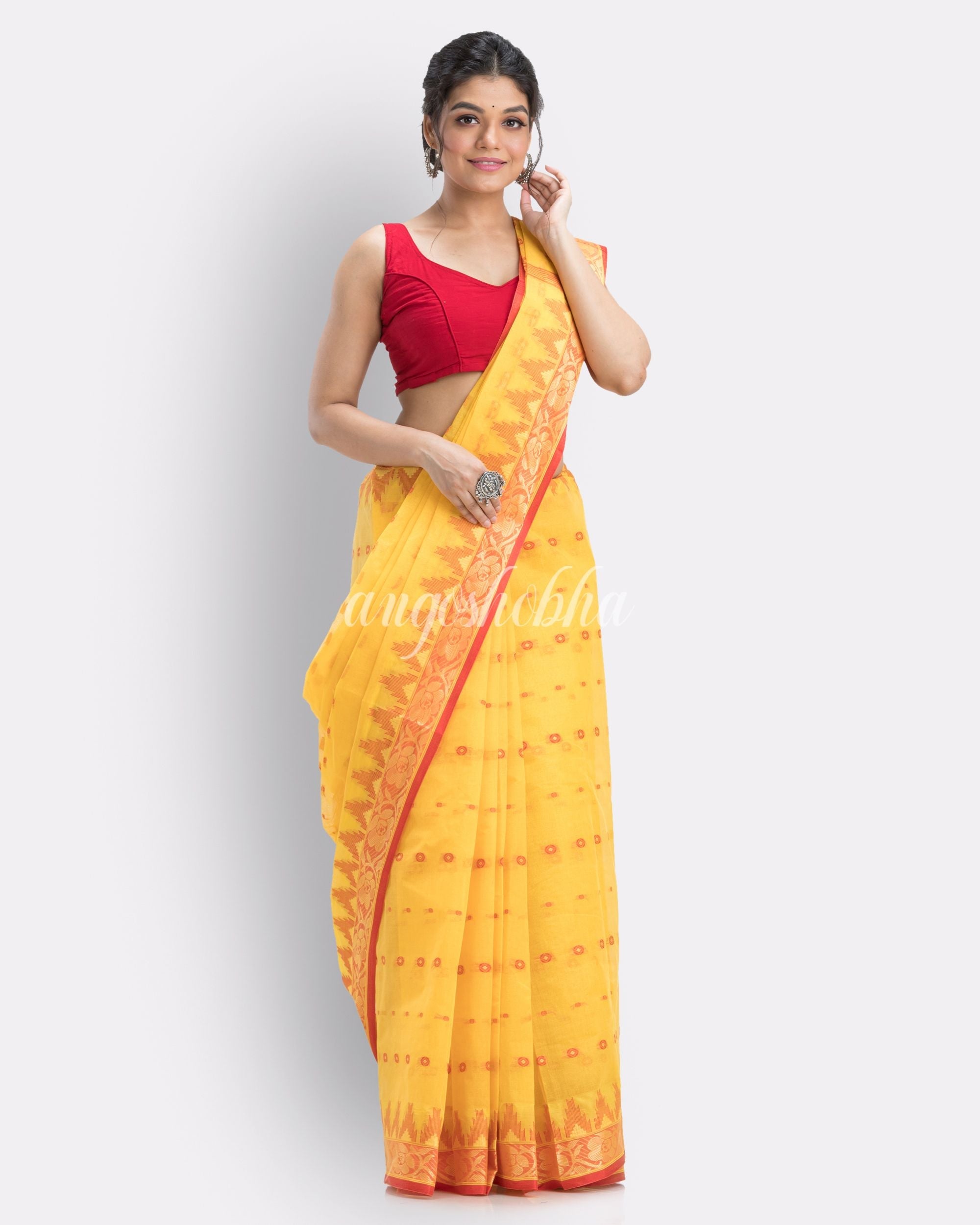 Handloom Pure Cotton Tant Saree in Yellow angoshobha